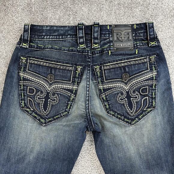 Rock Revival Jeans Mens 32x33 Blue Kirk Side Alt Straight Distressed Stitch - Picture 14 of 15